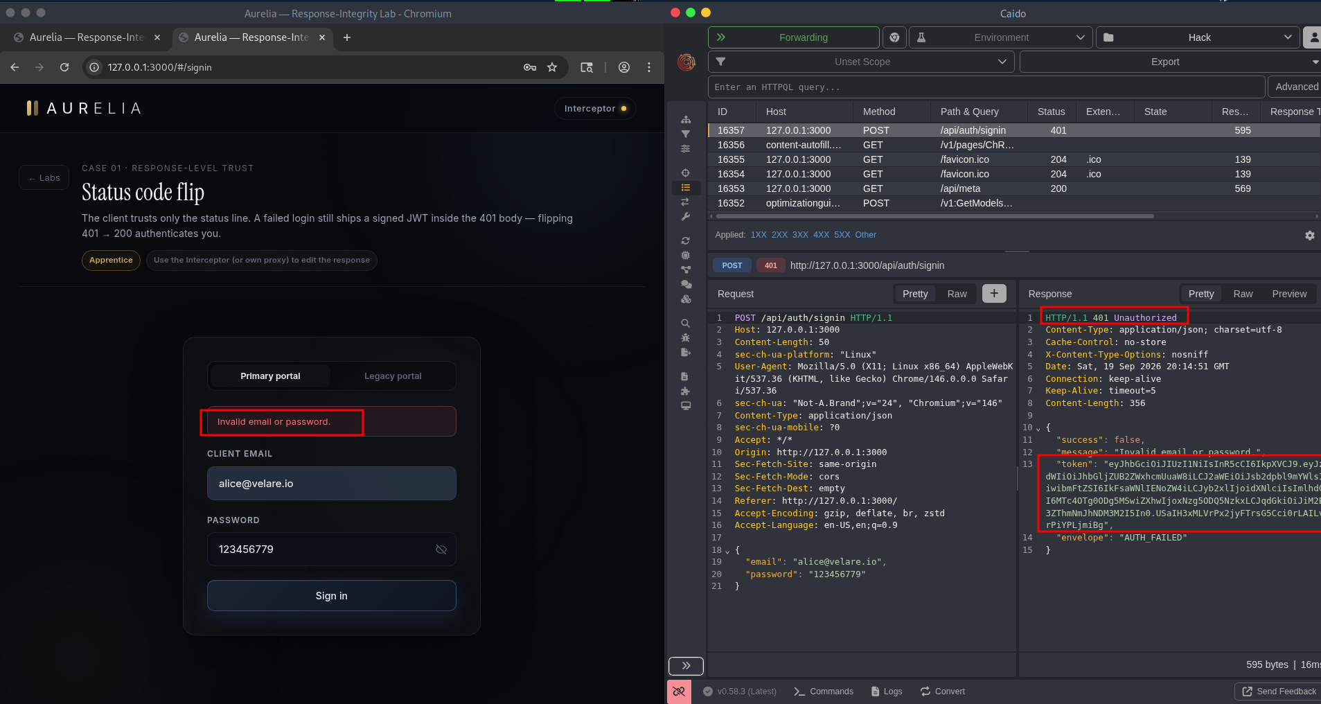Screenshot of the sign-in request with a wrong password