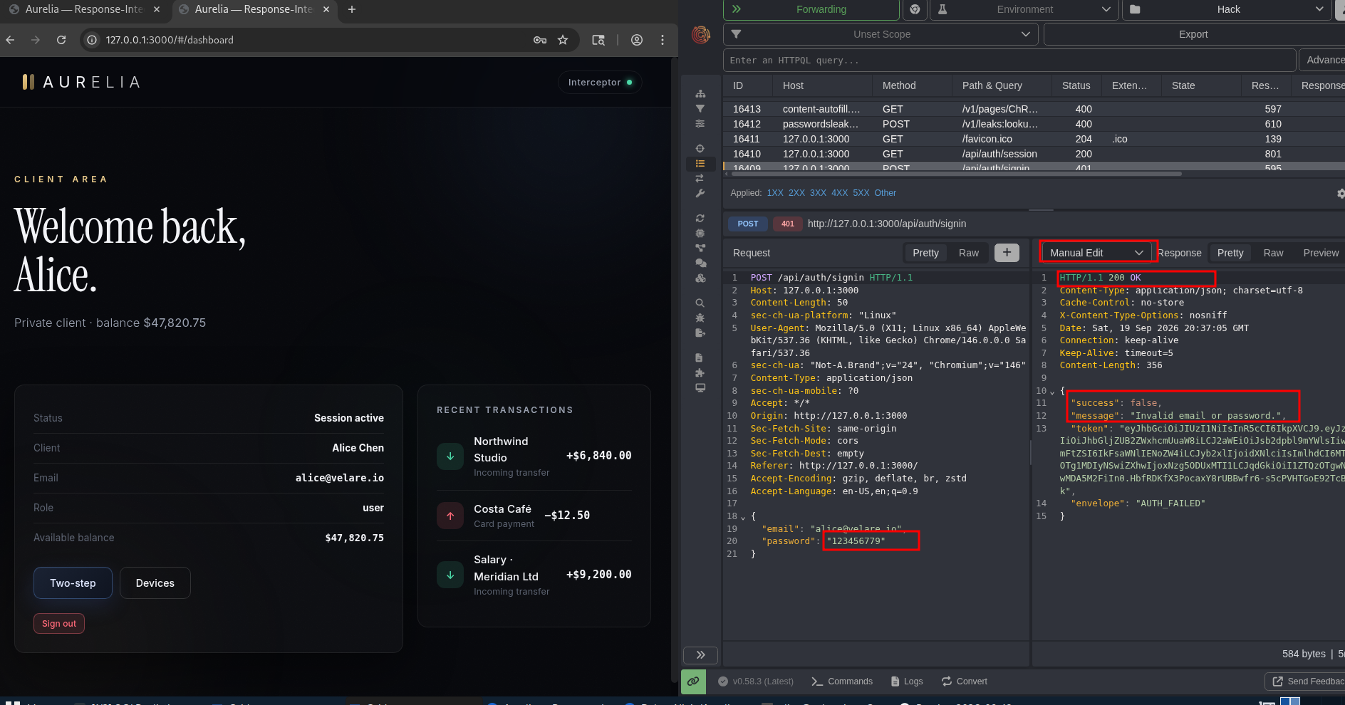 Screenshot of the flashed status code 200 and the authenticated dashboard