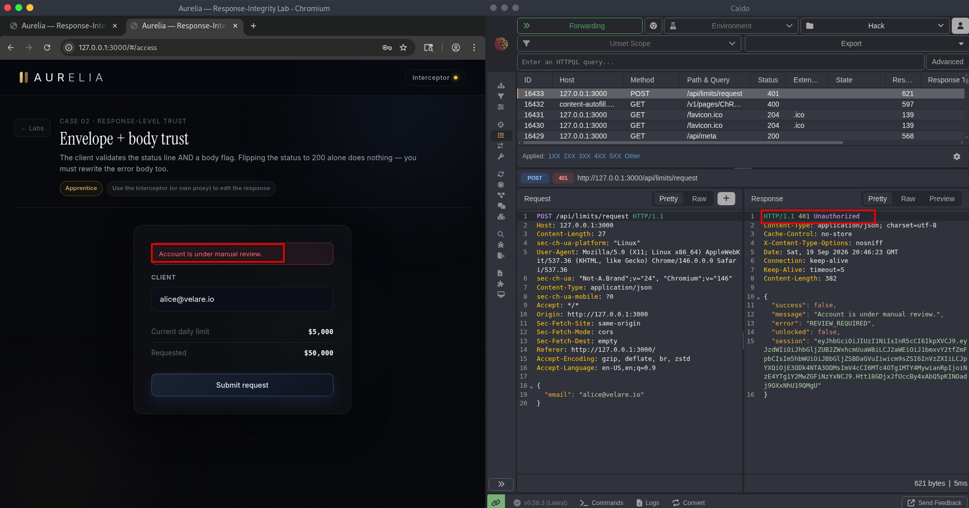 Screenshot of the rejected limit request response containing a session token