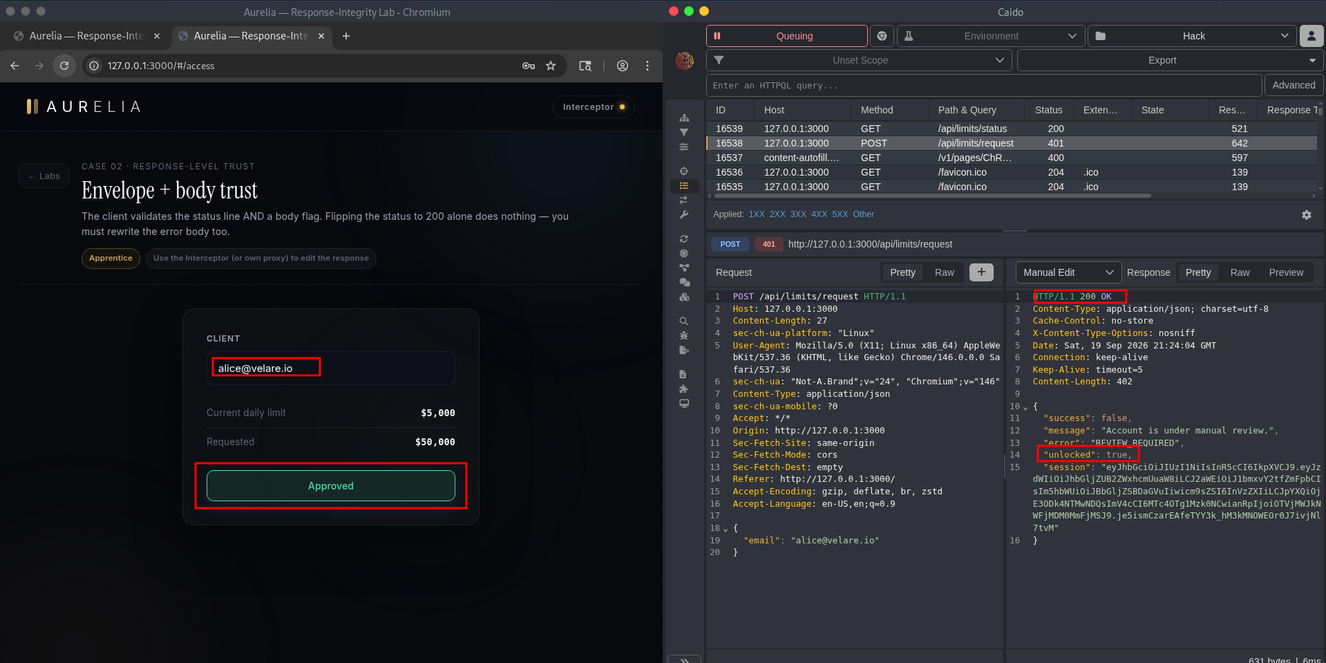 Screenshot of the edited response and the unlocked higher-limits panel