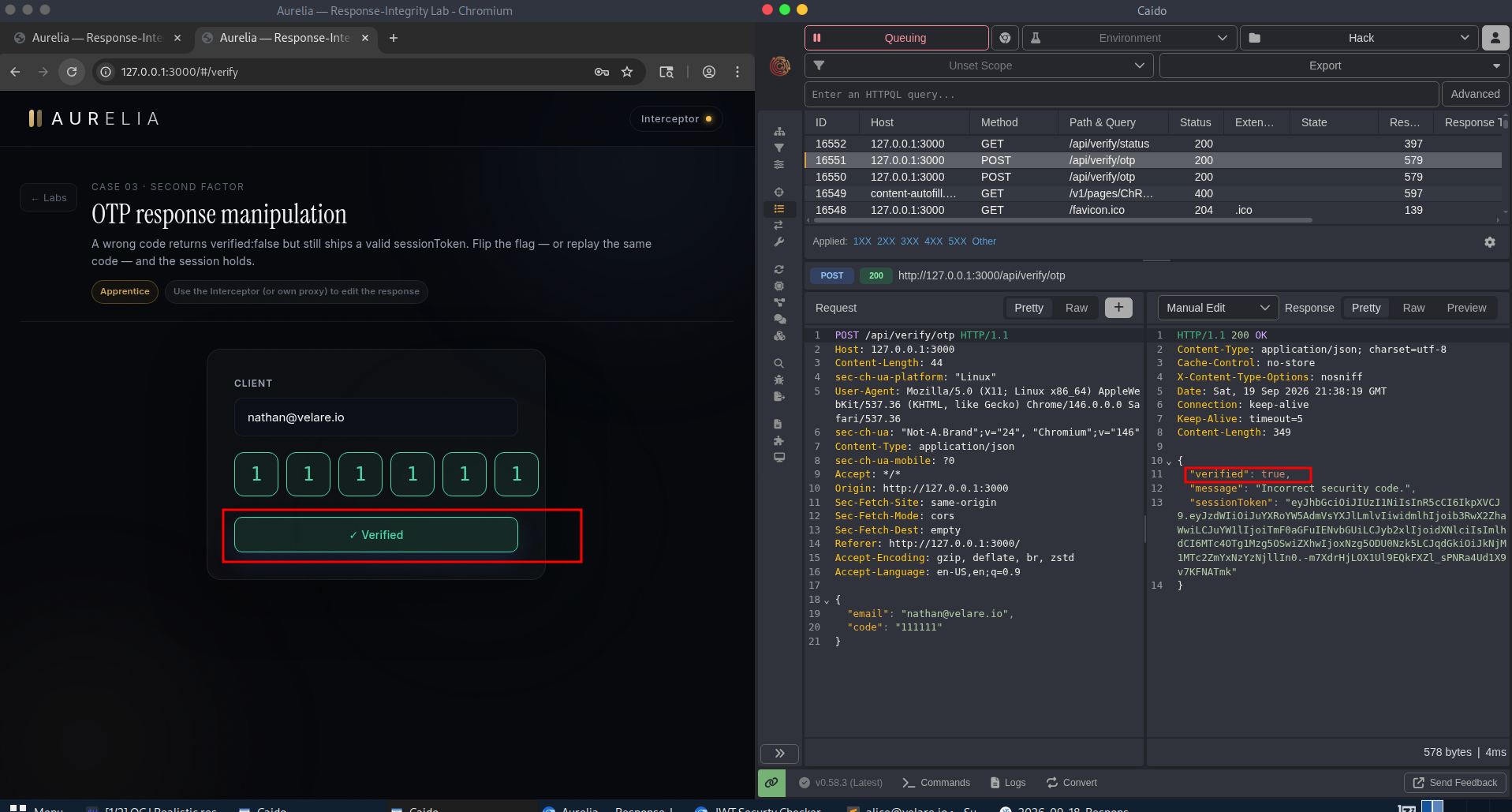 Screenshot of the session token being accepted on the next endpoint