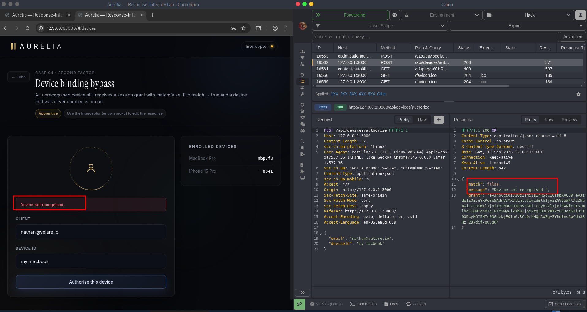 Screenshot of the match:false response that still returns a grant
