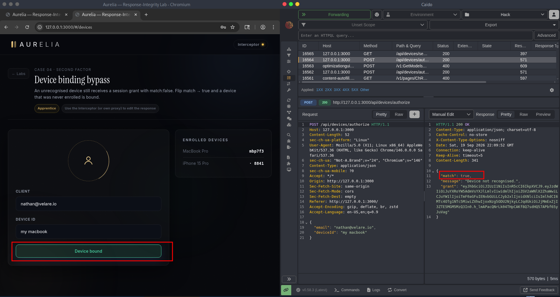 Screenshot of the flipped match:true binding the unknown device
